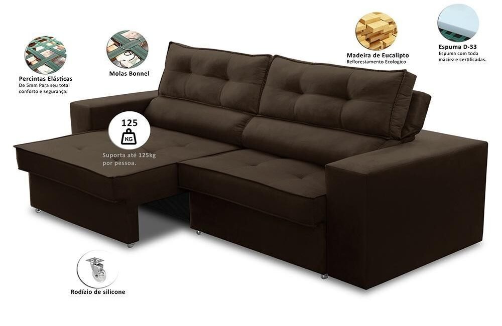 Sofá Retrátil 3 Lugares 2,30m com Molas Mirela Suede Marrom Adonai Estofados por R$ 1369,90 (R$ 3651,23)